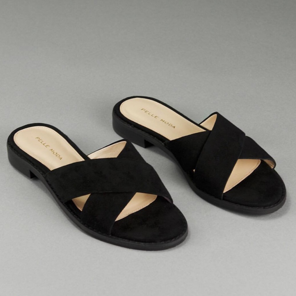 Black Crossover Strap Genuine Leather Slide Sandal - Picture 2 of 5